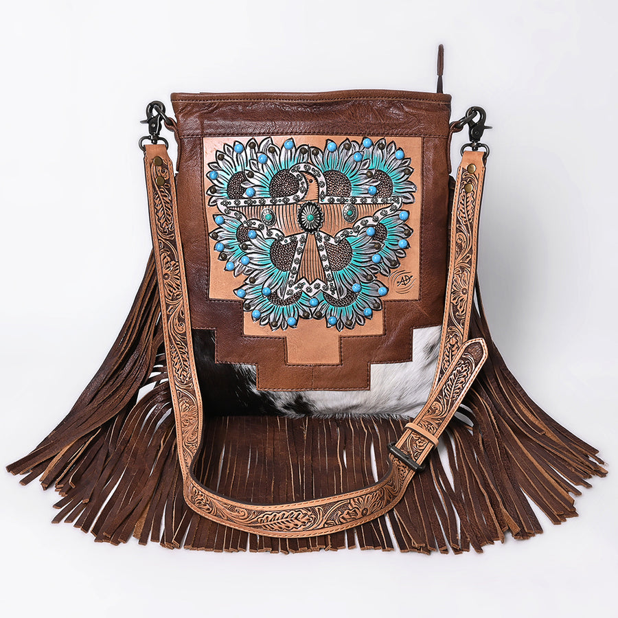 American Darling Hand-Tooled Leather Messenger Bag with Western Carving, Hair-On, Fringes, Rivet Embossing, Genuine Leather Build & Well-Compartmentalized Interior
