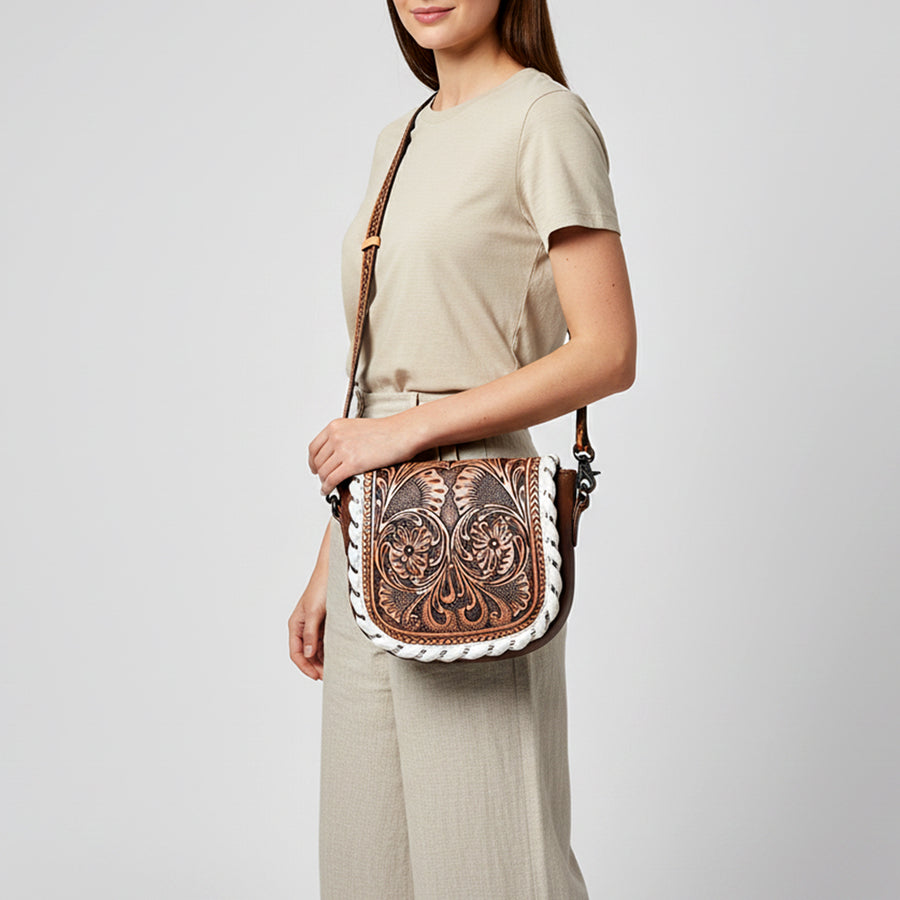 American Darling Hand Tooled Leather Cross Body Bag with Floral Carving, Genuine Leather Build, Adjustable Strap & Organized Interior for Everyday Use