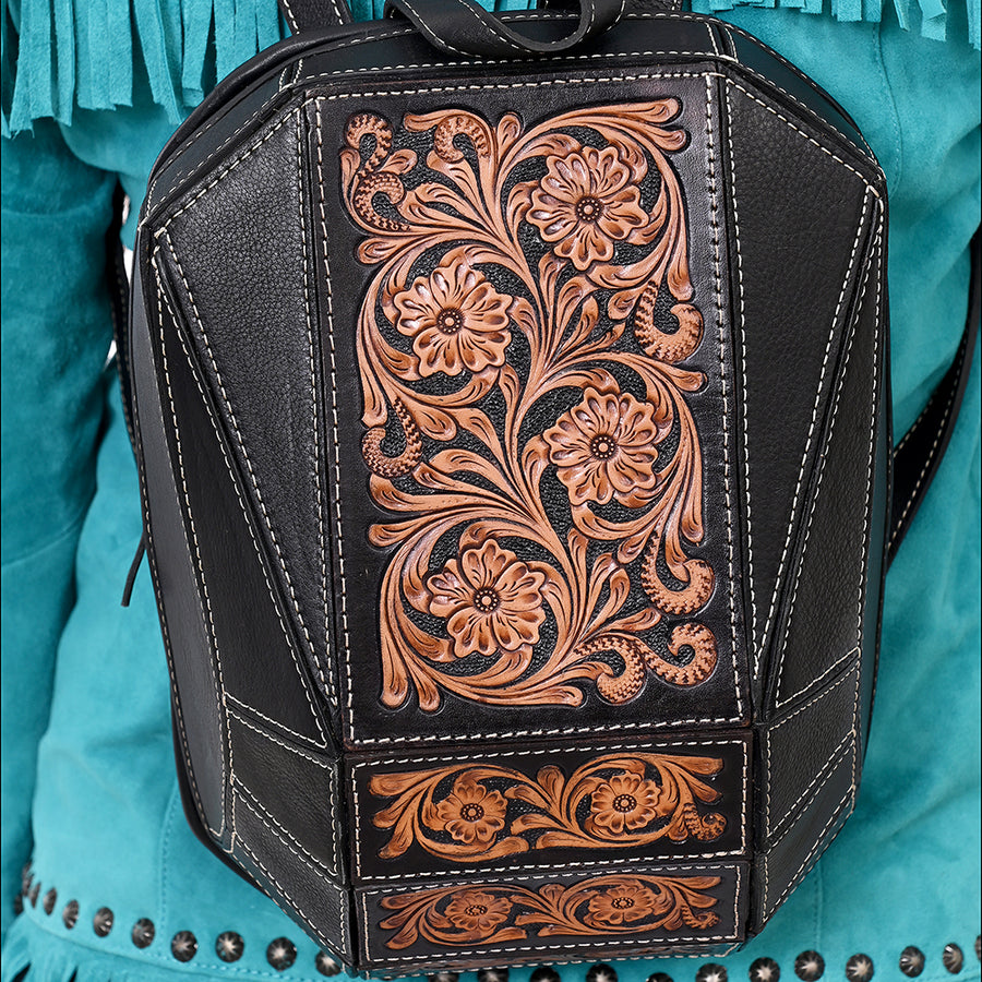American Darling Hand Tooled Floral Carved Backpack Genuine Vegetable-Tanned Full Grain Leather Western Daypack