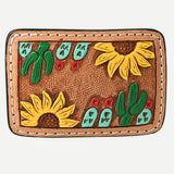 AMERICAN DARLING Floral Hand Carved Painted Belt Buckle Genuine Leather Covered Stylish