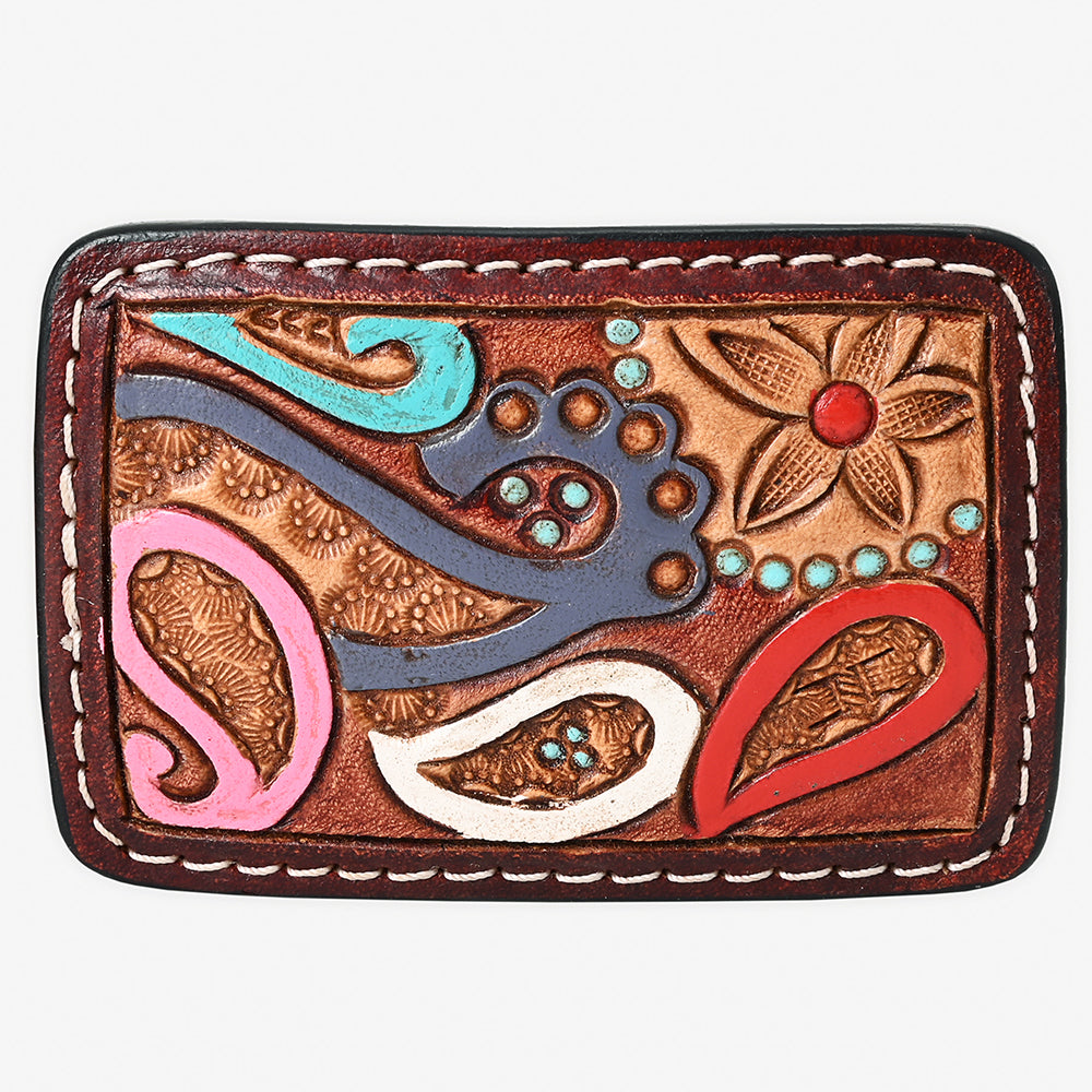AMERICAN DARLING Floral Hand Carved Painted Belt Buckle Genuine Leather Covered Stylish