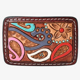 AMERICAN DARLING Floral Hand Carved Painted Belt Buckle Genuine Leather Covered Stylish