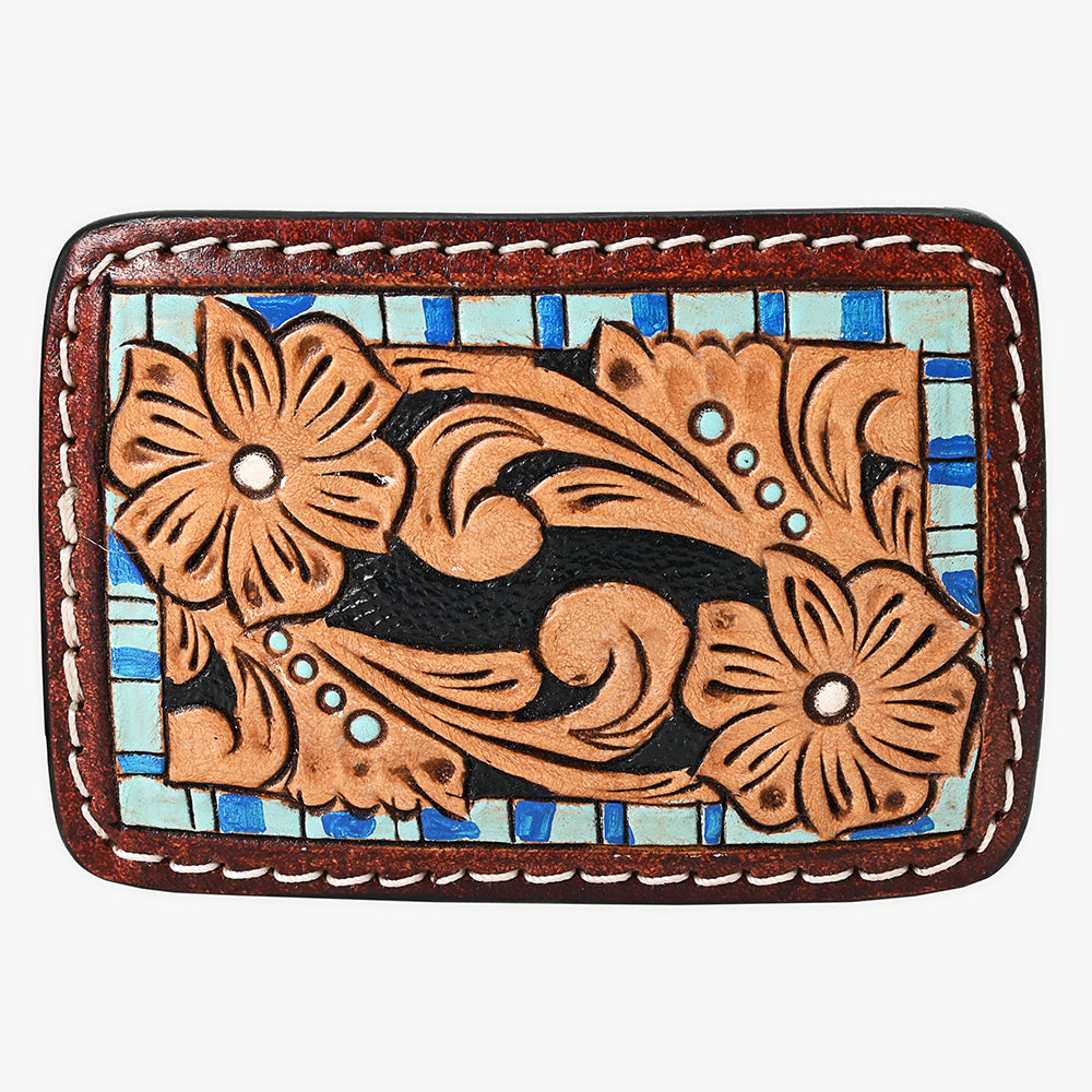 AMERICAN DARLING Floral Hand Carved Painted Belt Buckle Genuine Leather Covered Stylish