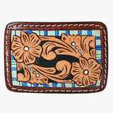 AMERICAN DARLING Floral Hand Carved Painted Belt Buckle Genuine Leather Covered Stylish
