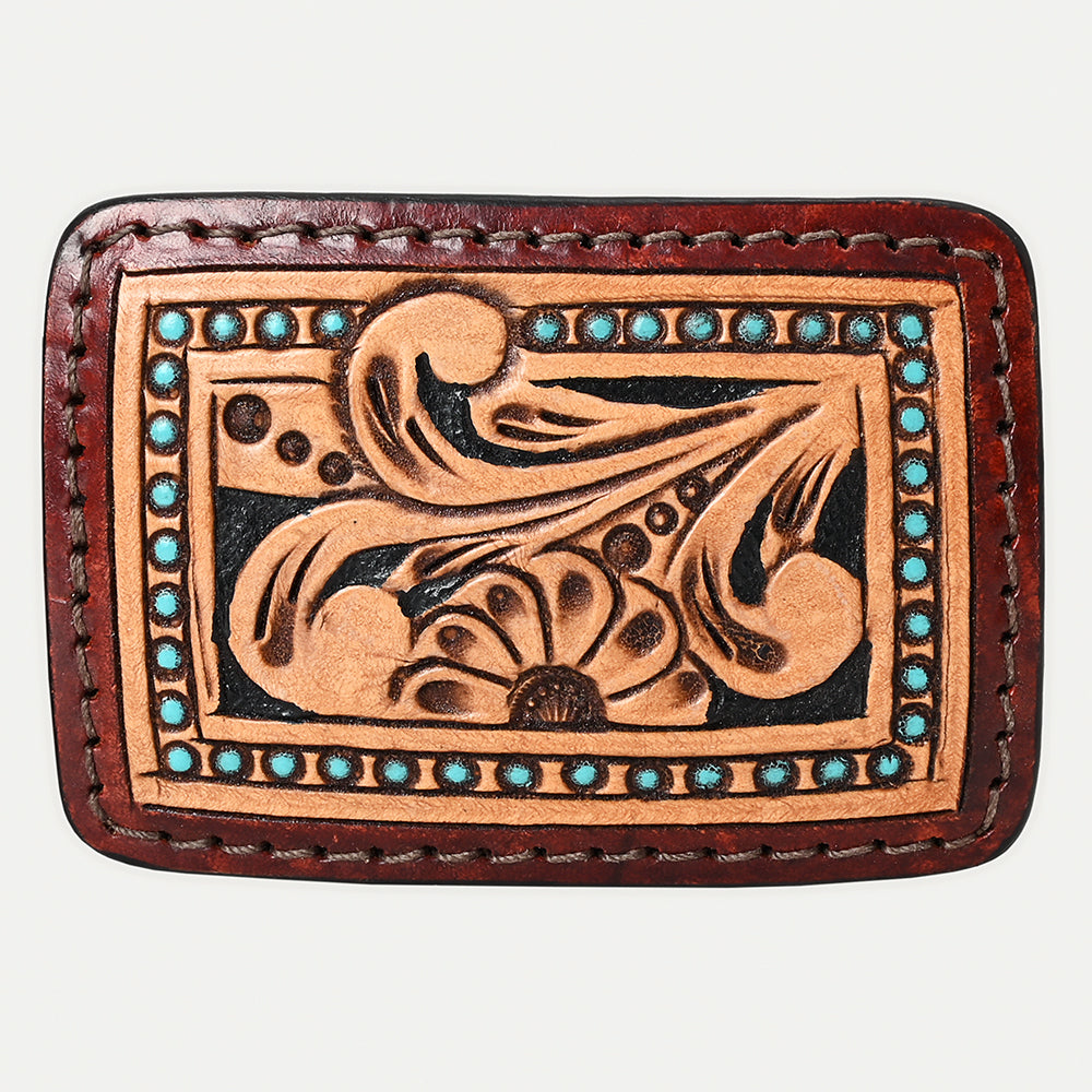 AMERICAN DARLING Floral Hand Carved Painted Belt Buckle Genuine Leather Covered Stylish