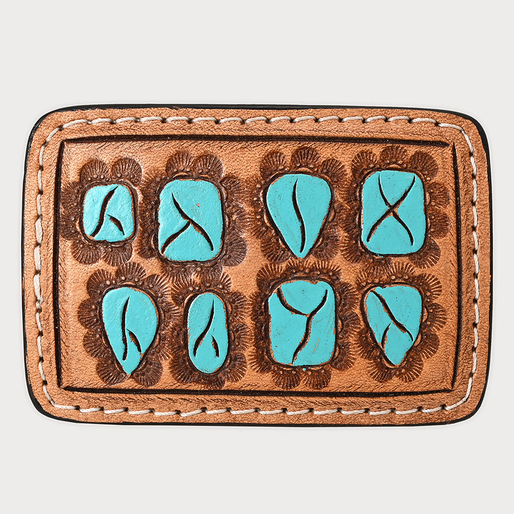 AMERICAN DARLING Floral Hand Carved Painted Belt Buckle Genuine Leather Covered Stylish
