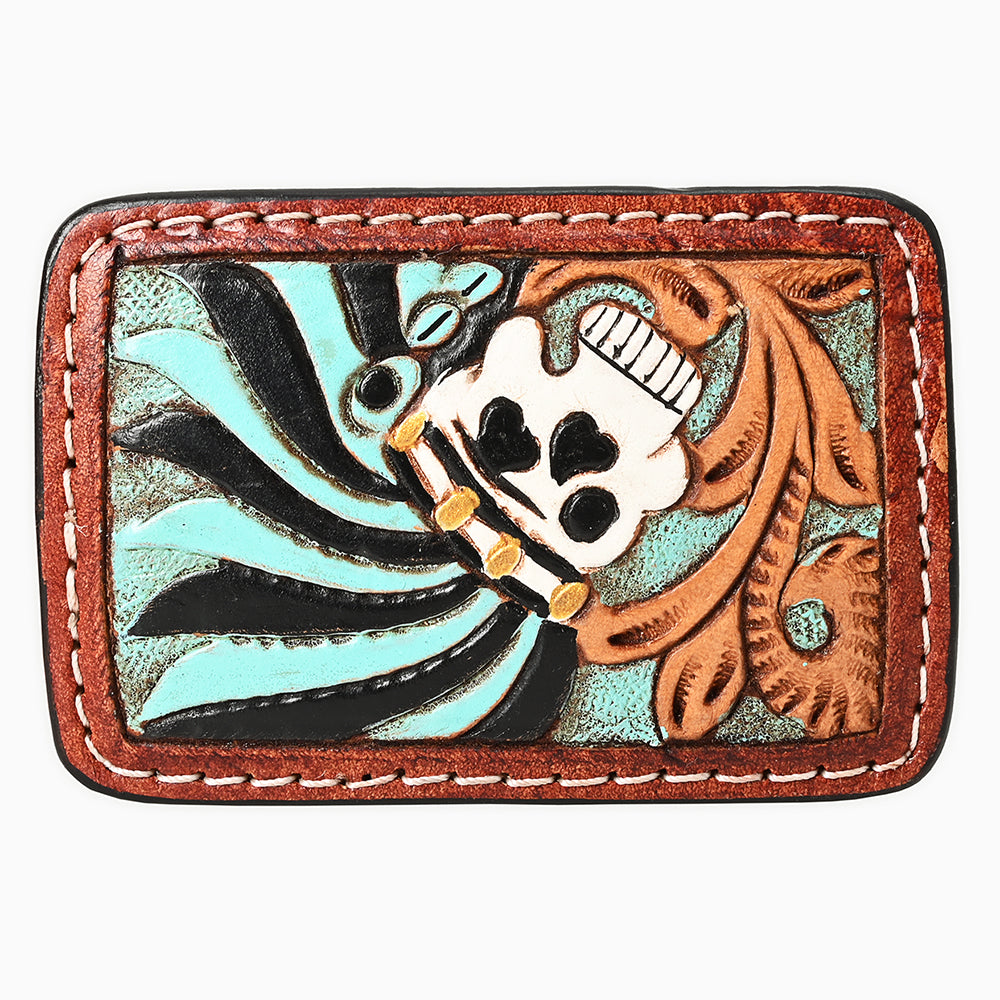 AMERICAN DARLING Floral Hand Carved Painted Belt Buckle Genuine Leather Covered Stylish