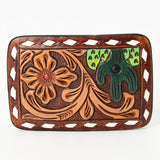 AMERICAN DARLING Floral Hand Carved Painted Belt Buckle Genuine Leather Covered Stylish