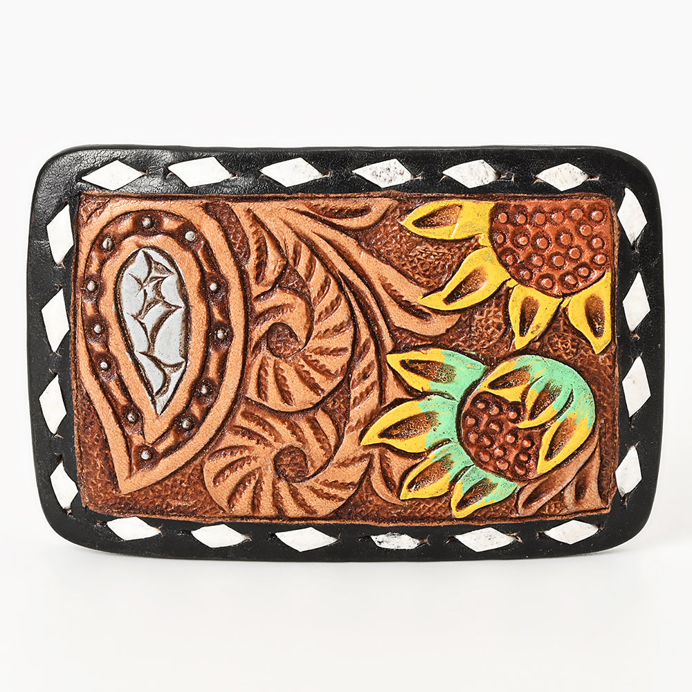 AMERICAN DARLING Floral Hand Carved Painted Belt Buckle Genuine Leather Covered Stylish