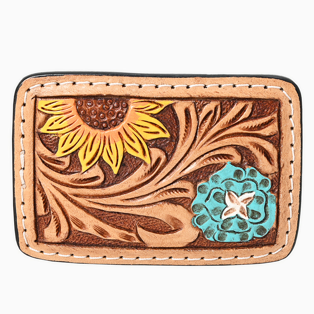 AMERICAN DARLING Floral Hand Carved Painted Belt Buckle Genuine Leather Covered Stylish