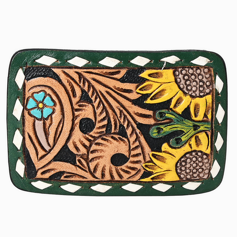 AMERICAN DARLING Floral Hand Carved Painted Belt Buckle Genuine Leather Covered Stylish