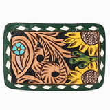 AMERICAN DARLING Floral Hand Carved Painted Belt Buckle Genuine Leather Covered Stylish