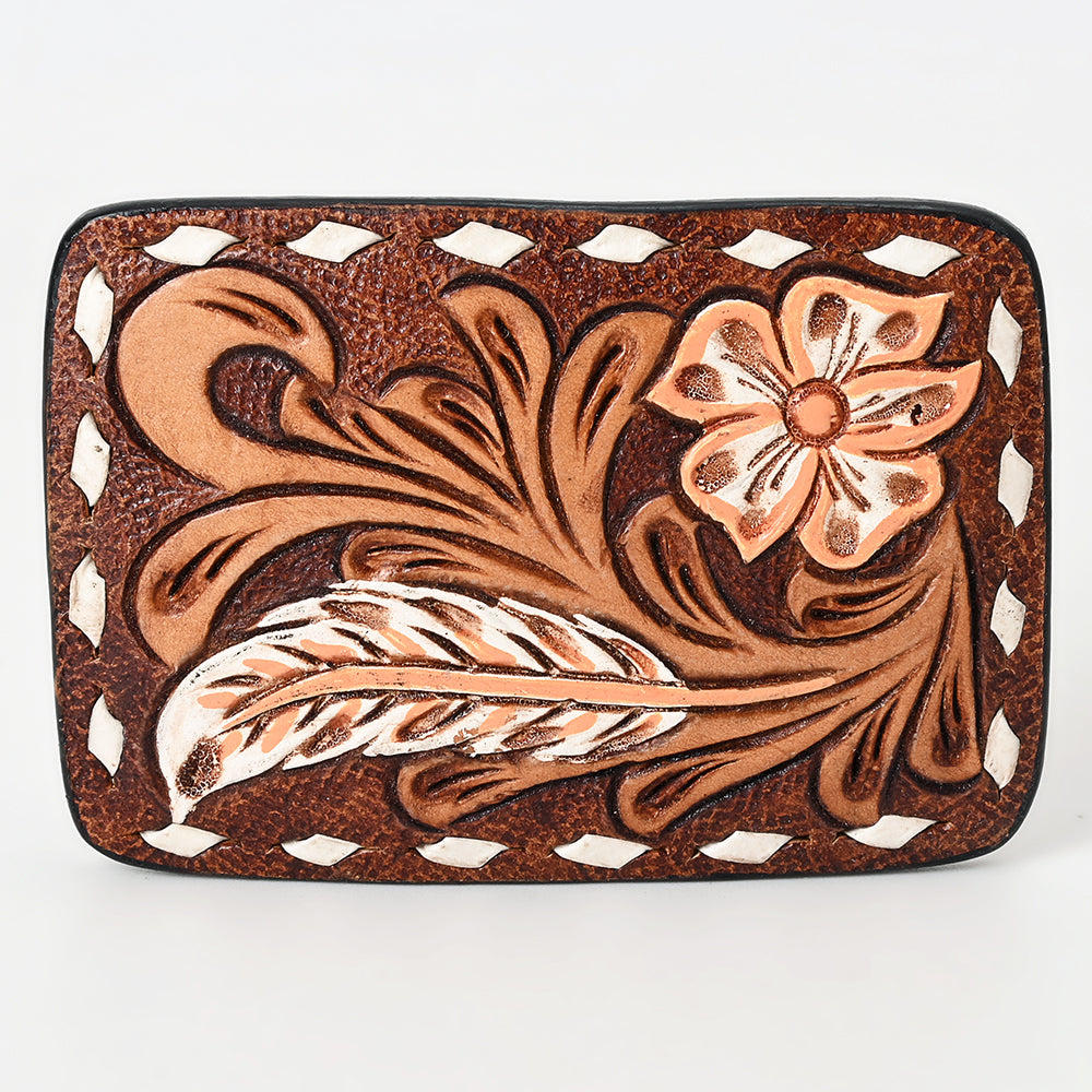 AMERICAN DARLING Floral Hand Carved Painted Belt Buckle Genuine Leather Covered Stylish