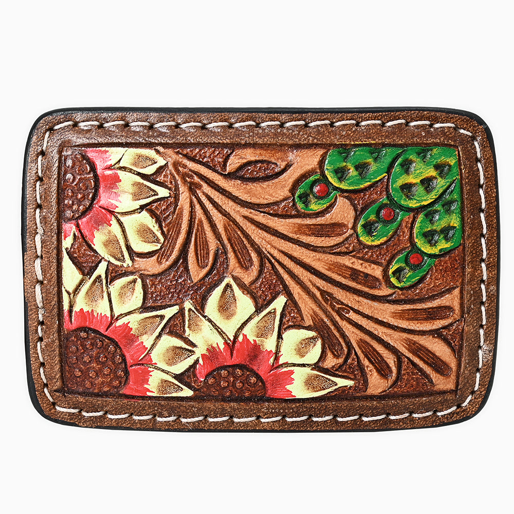 AMERICAN DARLING Floral Hand Carved Painted Belt Buckle Genuine Leather Covered Stylish