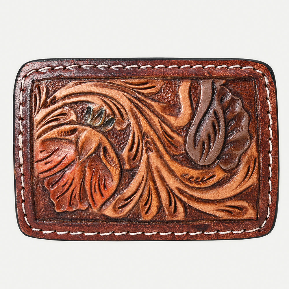 AMERICAN DARLING Floral Hand Carved Painted Belt Buckle Genuine Leather Covered Stylish