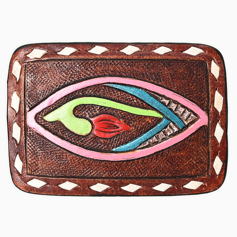 AMERICAN DARLING Floral Hand Carved Painted Belt Buckle Genuine Leather Covered Stylish