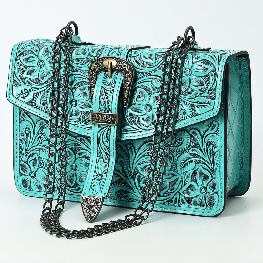 American Darling Western Leather Small Crossbody Bag with Hand-Tooled Floral Design and Chain Strap - Uhorse