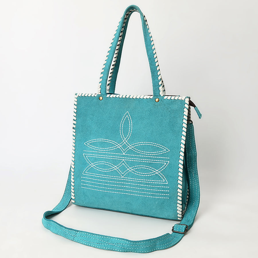American Darling Western Genuine Suede Leather Tote Bag with Braided Trim and Boot-Stitched Detailing - Hilason