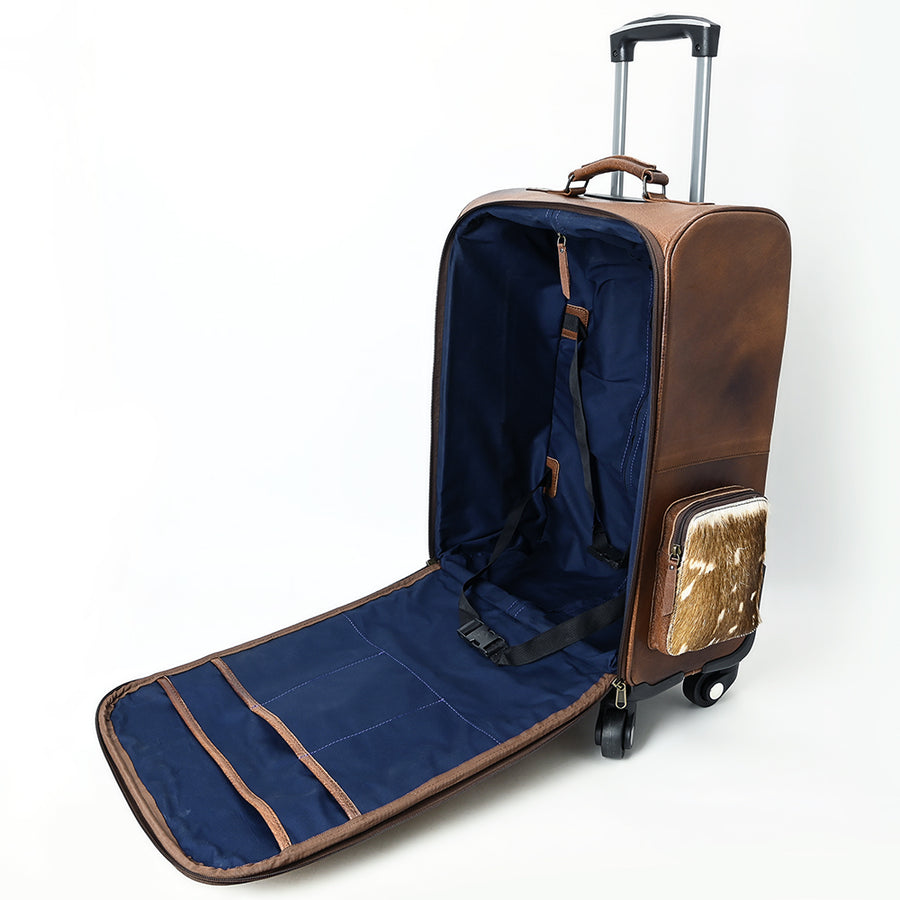 American Darling Western Leather Travel Case with Hair-On Cowhide, Hand-Tooled Accents, Genuine Leather Build, Rolling Wheels & Organized Interior