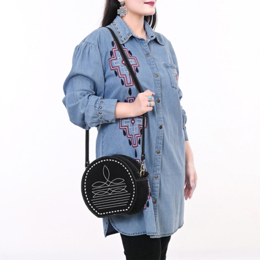 American Darling Genuine Suede Leather Canteen Bag Boot Stitched Embroidery Western Crossbody Round Purse
