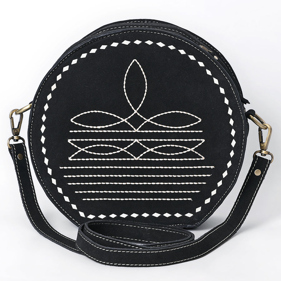 American Darling Genuine Suede Leather Canteen Bag Boot Stitched Embroidery Western Crossbody Round Purse
