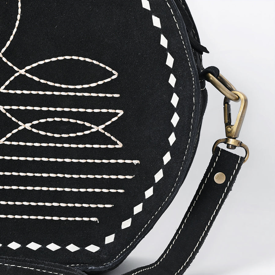 American Darling Genuine Suede Leather Canteen Bag Boot Stitched Embroidery Western Crossbody Round Purse