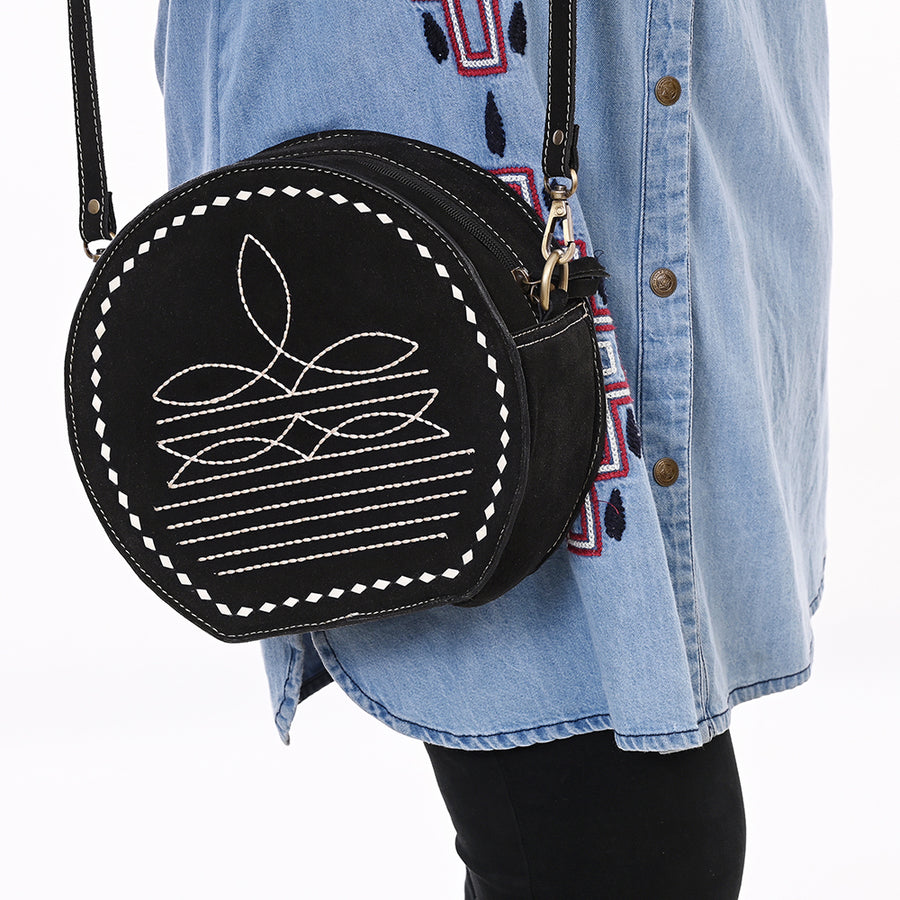 American Darling Genuine Suede Leather Canteen Bag Boot Stitched Embroidery Western Crossbody Round Purse