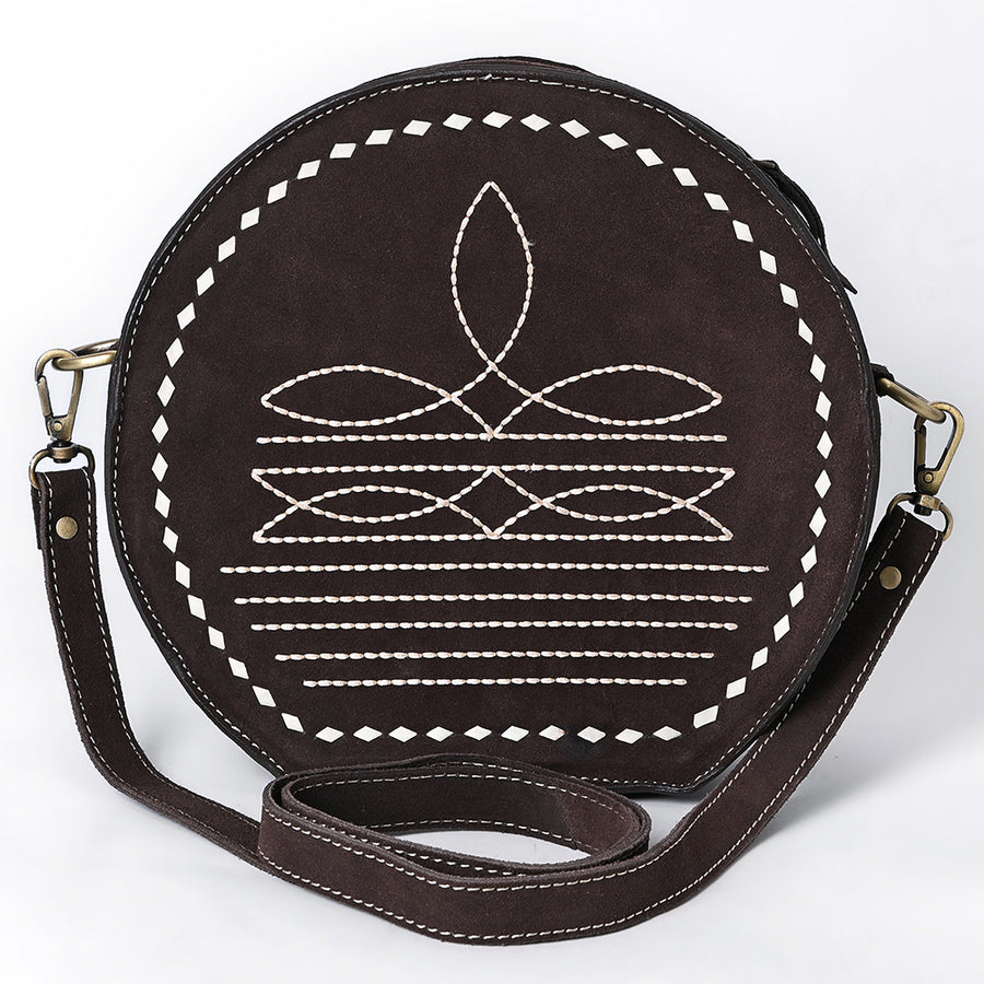 American Darling Genuine Suede Leather Canteen Bag Boot Stitched Embroidery Western Crossbody Round Purse