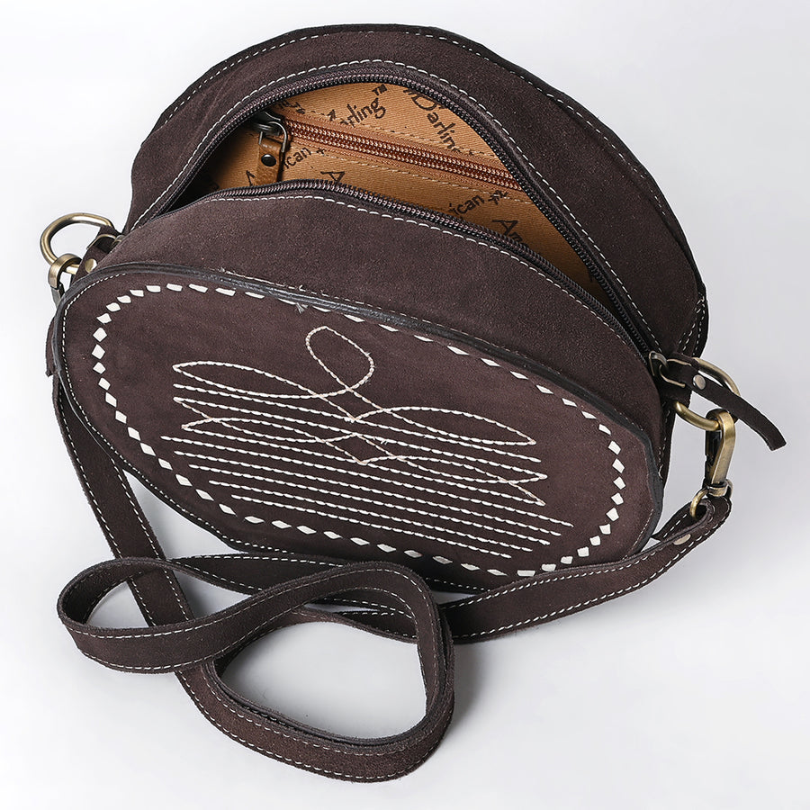 American Darling Genuine Suede Leather Canteen Bag Boot Stitched Embroidery Western Crossbody Round Purse