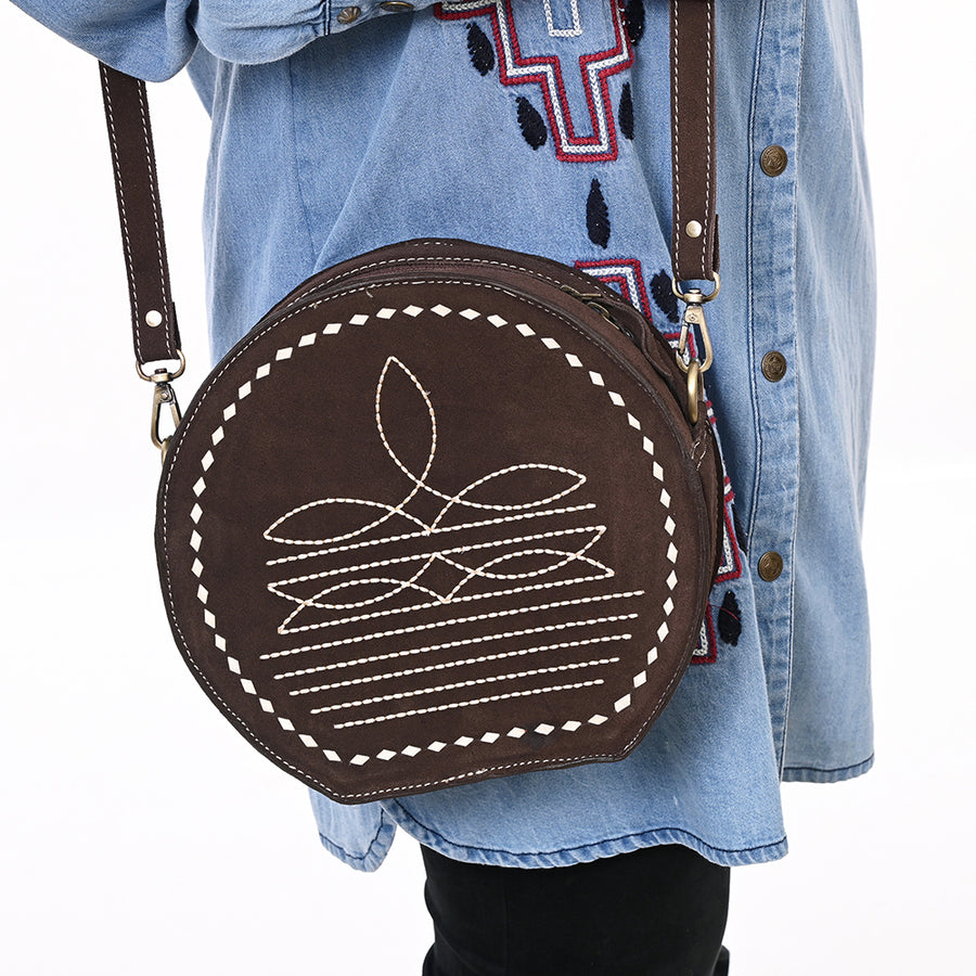 American Darling Genuine Suede Leather Canteen Bag Boot Stitched Embroidery Western Crossbody Round Purse
