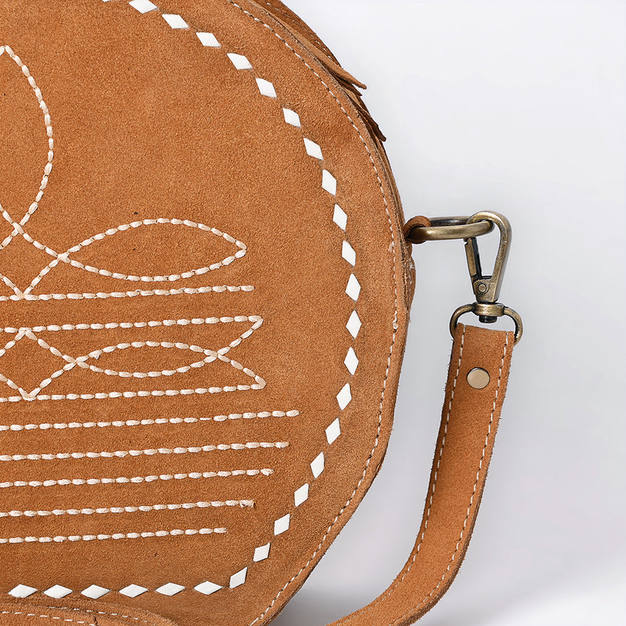 American Darling Genuine Suede Leather Canteen Bag Boot Stitched Embroidery Western Crossbody Round Purse