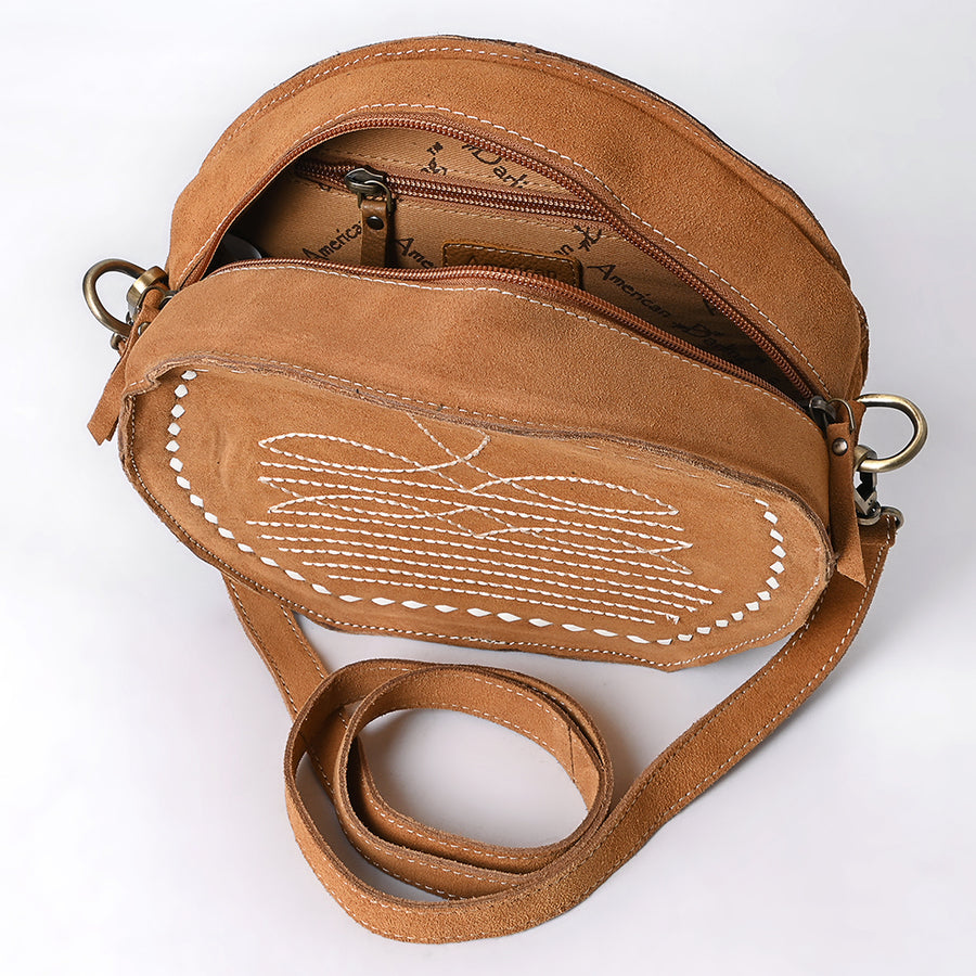 American Darling Genuine Suede Leather Canteen Bag Boot Stitched Embroidery Western Crossbody Round Purse