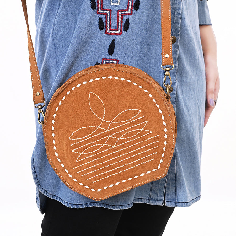 American Darling Genuine Suede Leather Canteen Bag Boot Stitched Embroidery Western Crossbody Round Purse