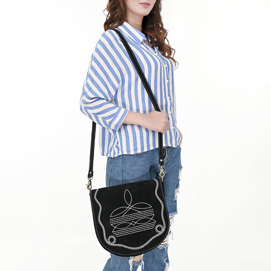 American Darling Genuine Suede Leather Cross body Bag Boot Stitched Embroidery Vegetable-Tanned Western Purse