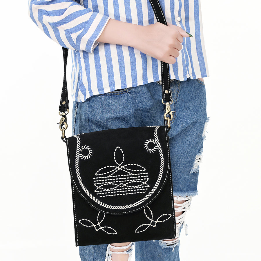 American Darling Suede Genuine Leather Cross body Bag Boot Stitched Embroidery Vegetable-Tanned Western Purse