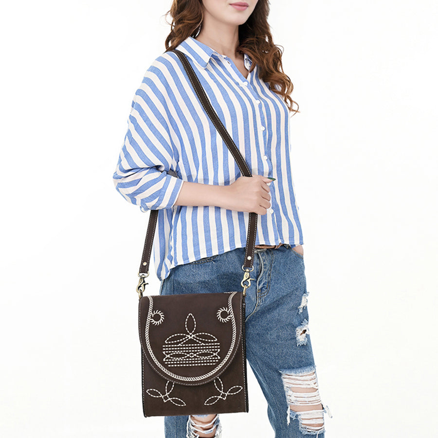 American Darling Suede Genuine Leather Cross body Bag Boot Stitched Embroidery Vegetable-Tanned Western Purse
