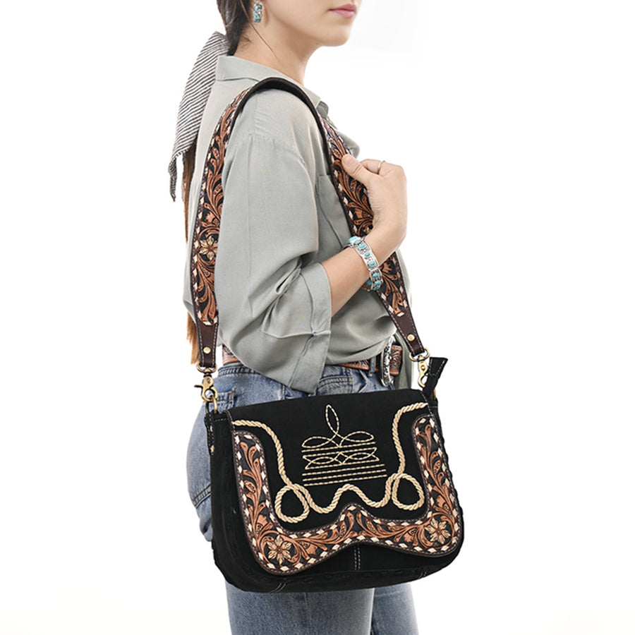 American Darling Suede Genuine Leather Cross body Bag Hand Tooled Floral Carved Strap Boot Stitched Embroidery Western Purse