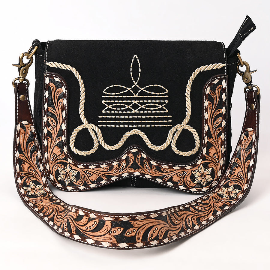 American Darling Suede Genuine Leather Cross body Bag Hand Tooled Floral Carved Strap Boot Stitched Embroidery Western Purse