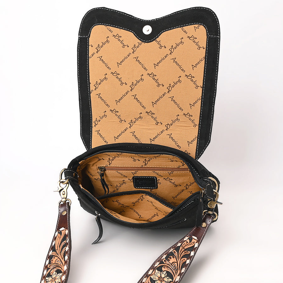 American Darling Suede Genuine Leather Cross body Bag Hand Tooled Floral Carved Strap Boot Stitched Embroidery Western Purse