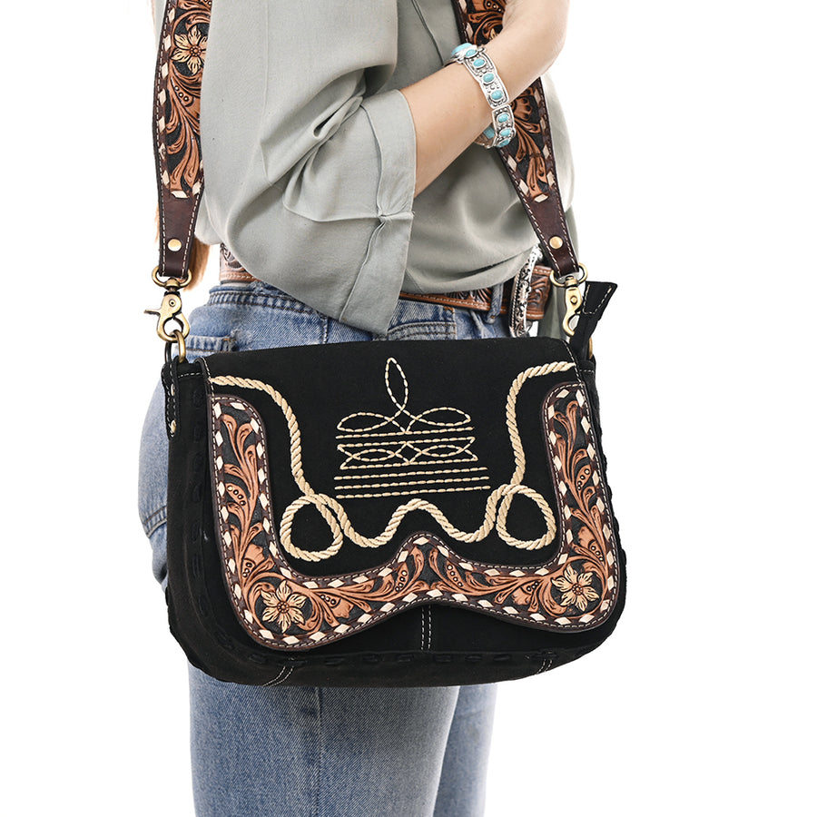 American Darling Suede Genuine Leather Cross body Bag Hand Tooled Floral Carved Strap Boot Stitched Embroidery Western Purse