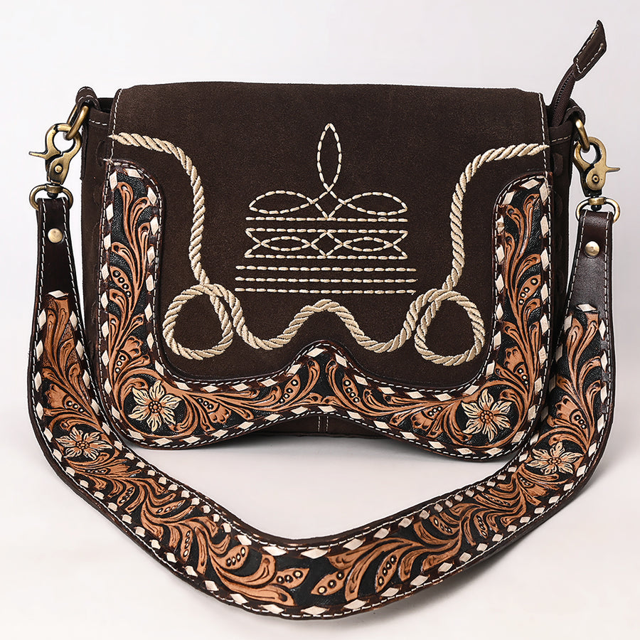 American Darling Suede Genuine Leather Cross body Bag Hand Tooled Floral Carved Strap Boot Stitched Embroidery Western Purse