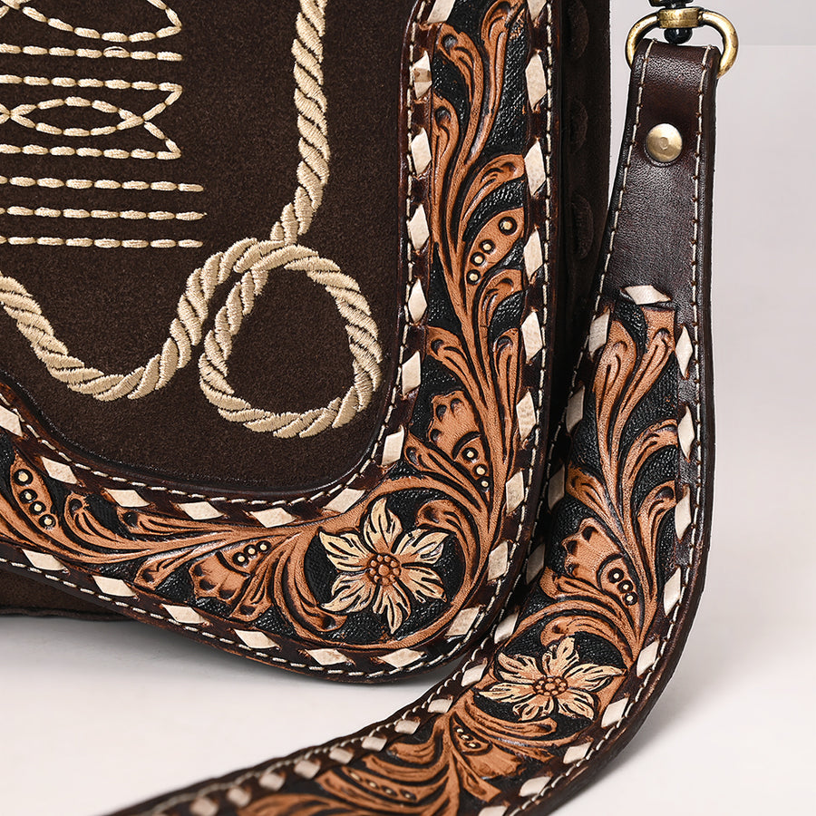 American Darling Suede Genuine Leather Cross body Bag Hand Tooled Floral Carved Strap Boot Stitched Embroidery Western Purse