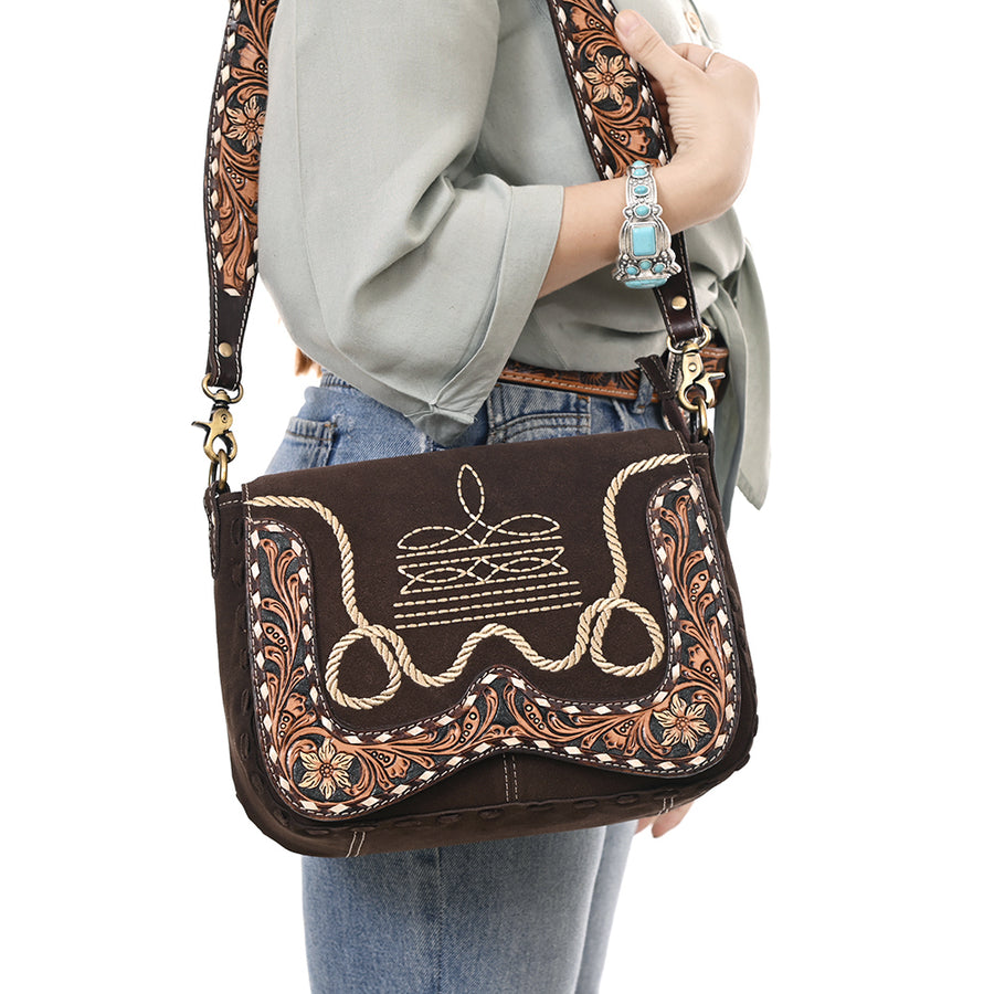 American Darling Suede Genuine Leather Cross body Bag Hand Tooled Floral Carved Strap Boot Stitched Embroidery Western Purse