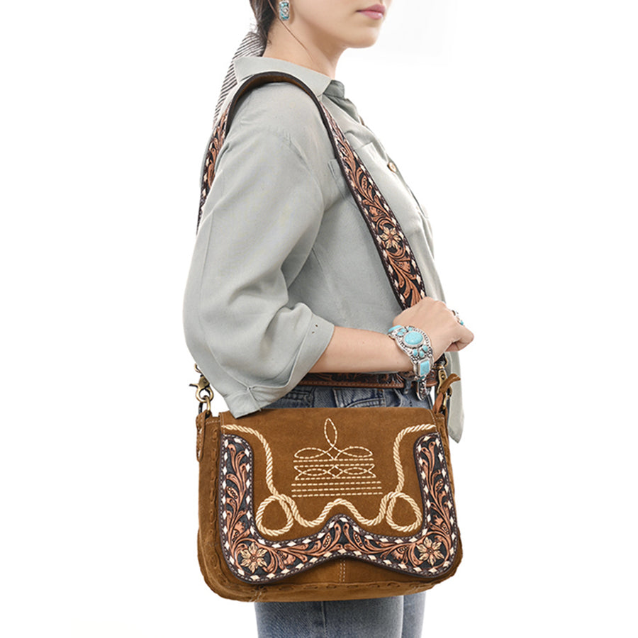 American Darling Suede Genuine Leather Cross body Bag Hand Tooled Floral Carved Strap Boot Stitched Embroidery Western Purse