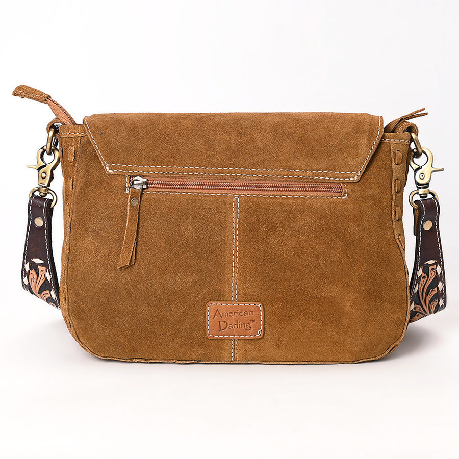 American Darling Suede Genuine Leather Cross body Bag Hand Tooled Floral Carved Strap Boot Stitched Embroidery Western Purse