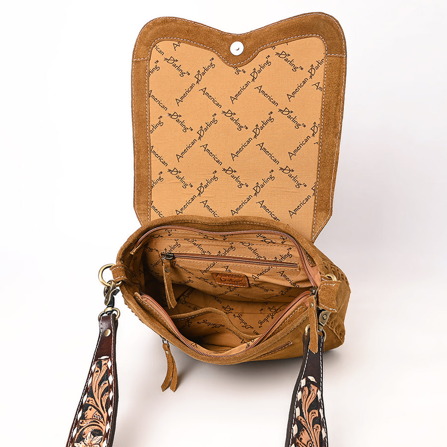 American Darling Suede Genuine Leather Cross body Bag Hand Tooled Floral Carved Strap Boot Stitched Embroidery Western Purse
