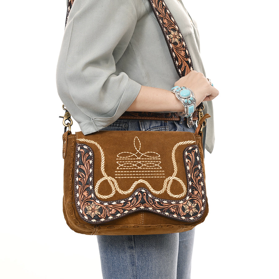 American Darling Suede Genuine Leather Cross body Bag Hand Tooled Floral Carved Strap Boot Stitched Embroidery Western Purse