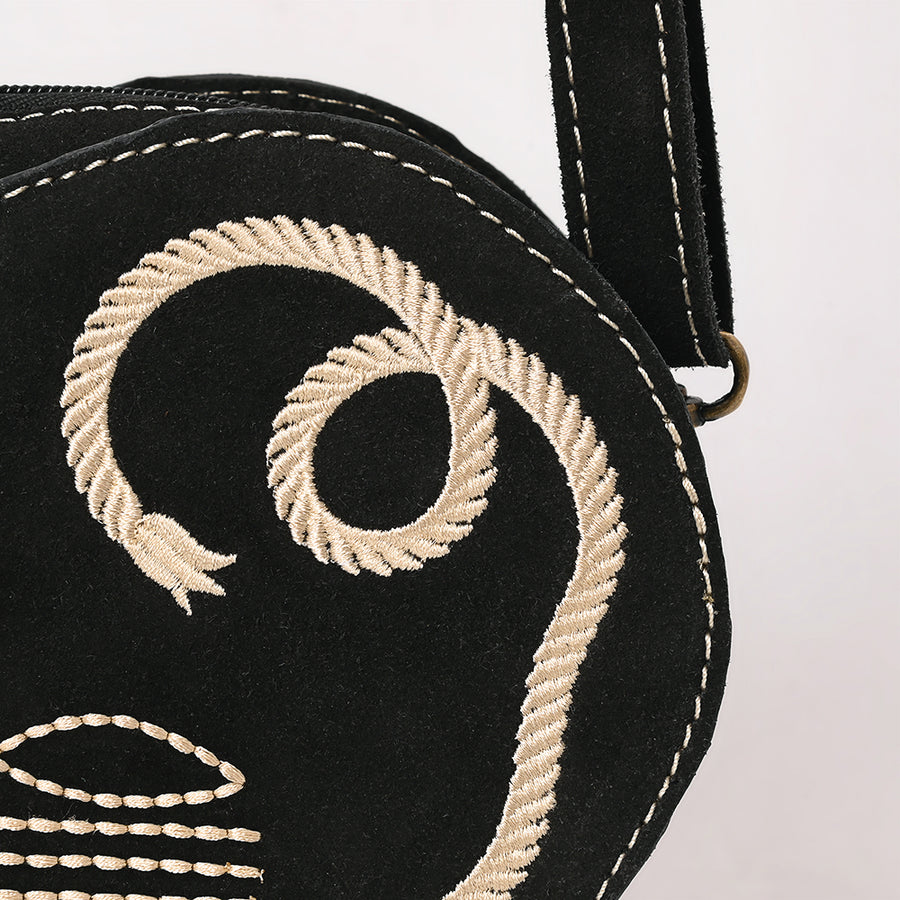 American Darling Western Heart Shaped Suede Leather Canteen Bag, Boot Stitched Crossbody Purse