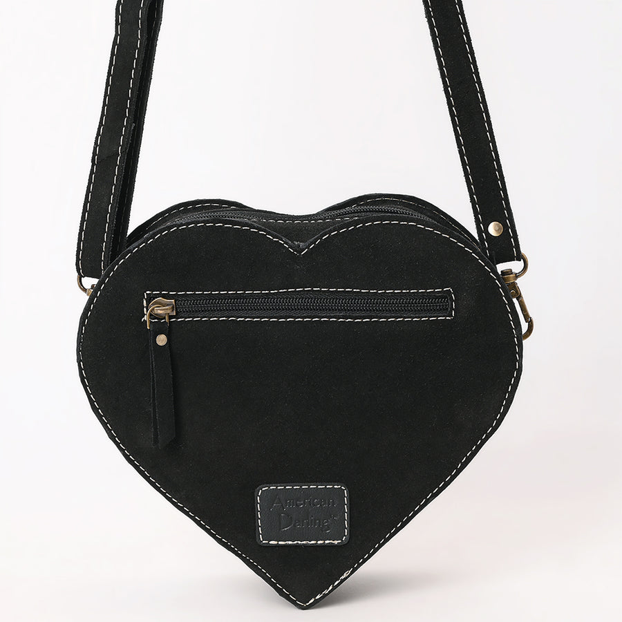 American Darling Western Heart Shaped Suede Leather Canteen Bag, Boot Stitched Crossbody Purse
