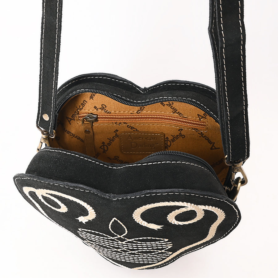 American Darling Western Heart Shaped Suede Leather Canteen Bag, Boot Stitched Crossbody Purse